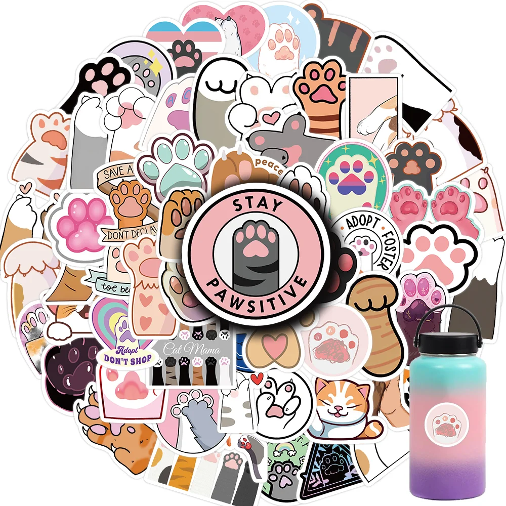 61PCS Kawaii Pink Cat Paw Cute Kitty Girl Vinyl Stickers Decals for Water Bottle Laptop Skateboard Scrapbook Luggage Kids Toy