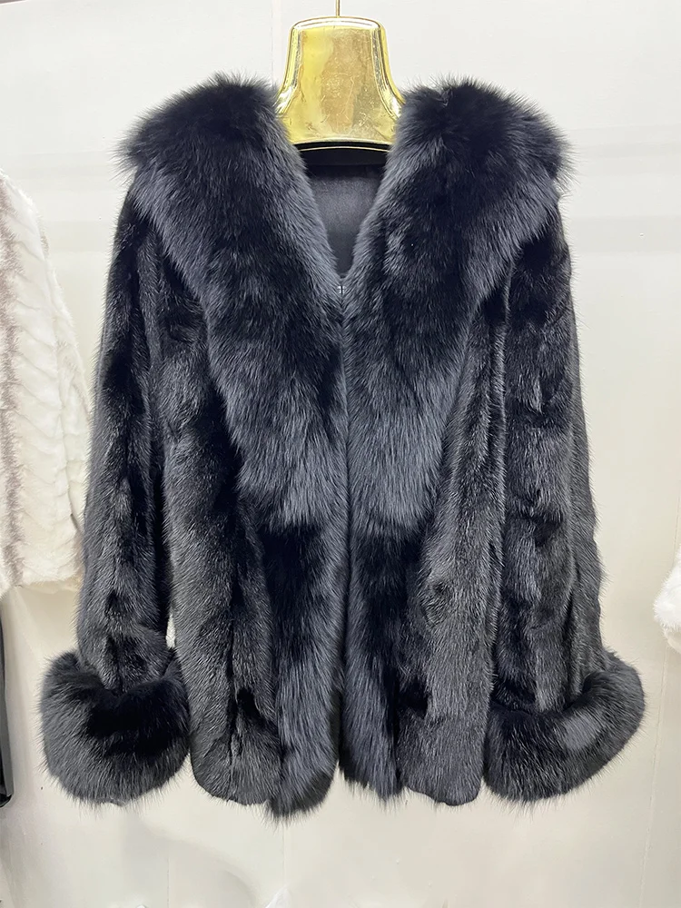 

New Woman Real Mink Fur Coat Genuine Leather Coat Winter Thick Warm Natural Fox Fur Collar Fur Jacket Luxury Female Overcoat