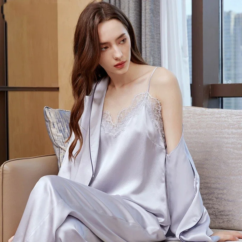 French Lace Trim 3-Piece Silk Set 100% Mulberry Silk Women's Camisole & Long Sleeve Robe & Trousers Pajama Suit Elegant Homewear