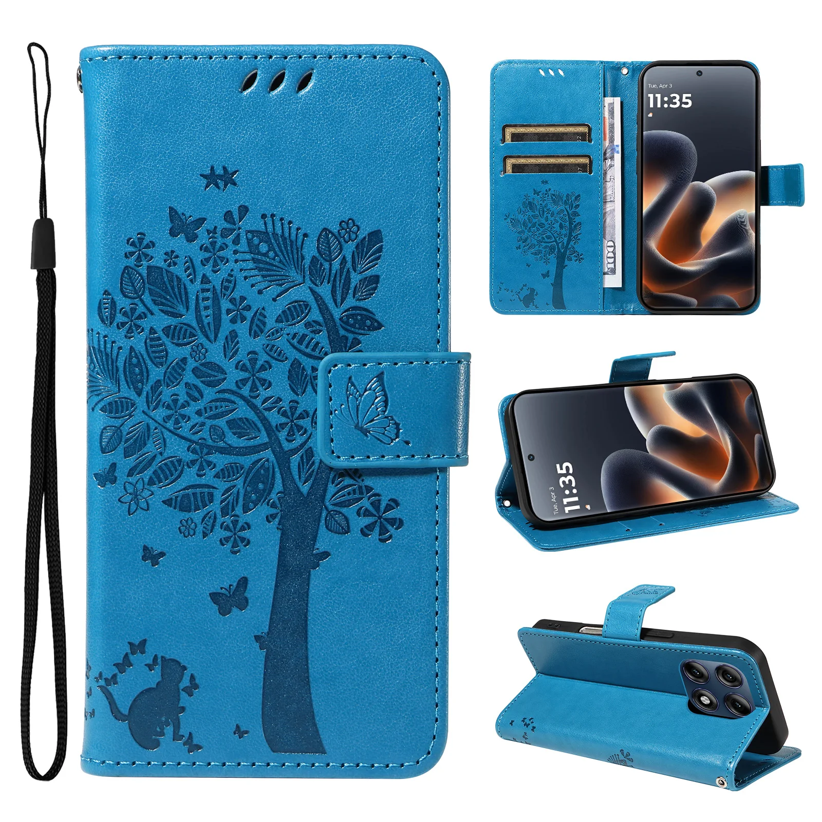 Leder-Brieftaschenhülle für Motorola Moto Edge 60 70 X70 Air G86 G56 G06 G67 Pro Fusion Power |   Katzenbaum mit Geprägtem Design