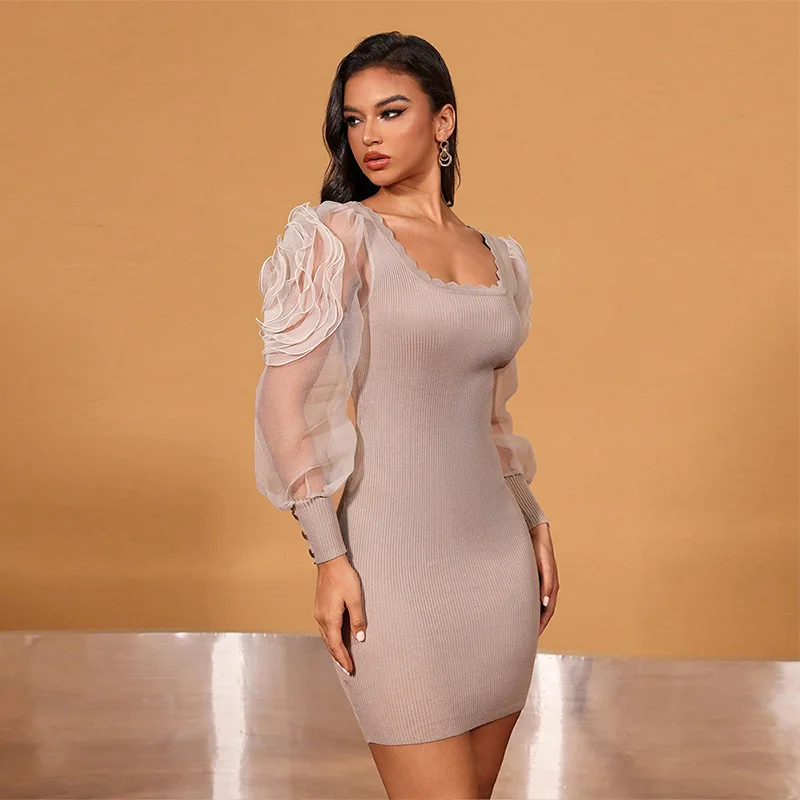 

Ld07 модное сексуальное однотонное платье, простое сетчатое лоскутное платье с квадратным вырезом и рукавами-фонариками, короткое платье для горячих девушек, Vestido, женское элегантное платье