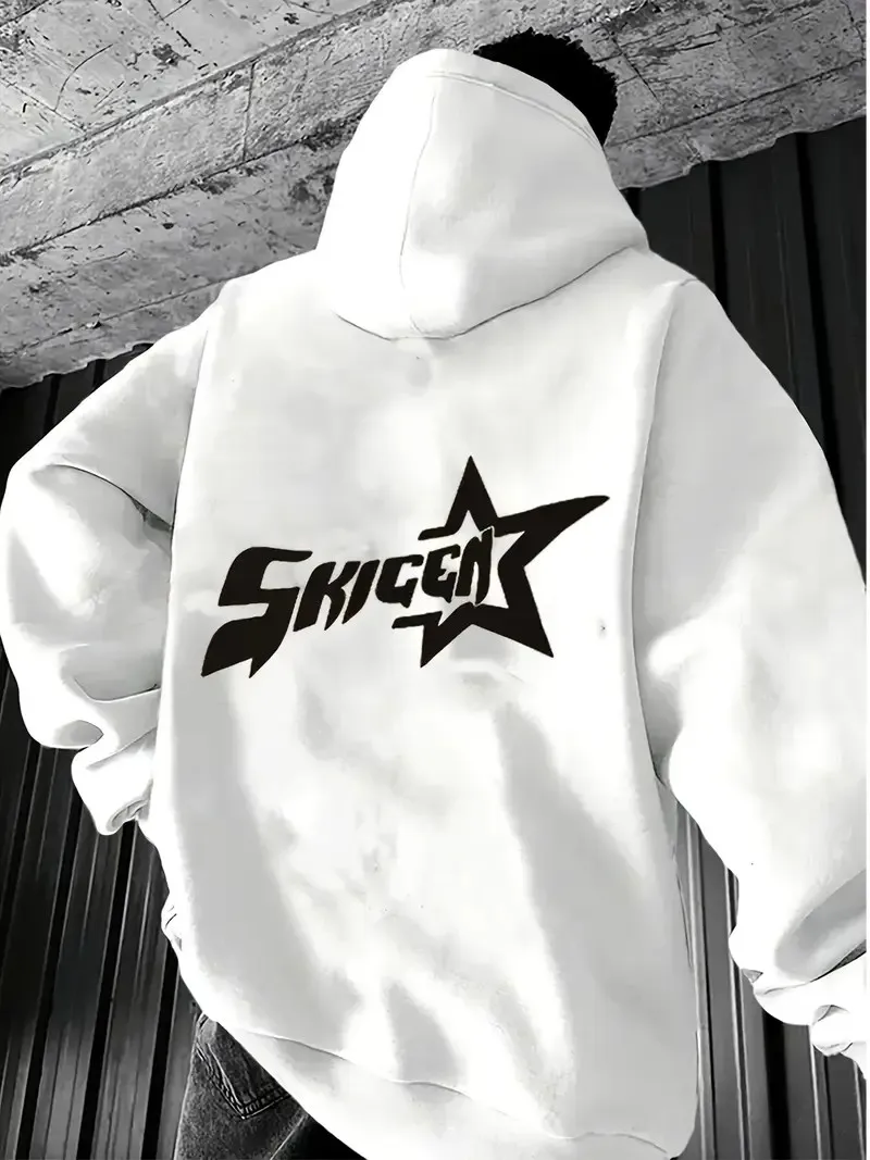 يتميز القميص الرجالي الجديد بقلنسوة لربيع وخريف 2025 بطباعة كاجوال عصرية ومريحة بنمط نجمة ثلاثية الأبعاد