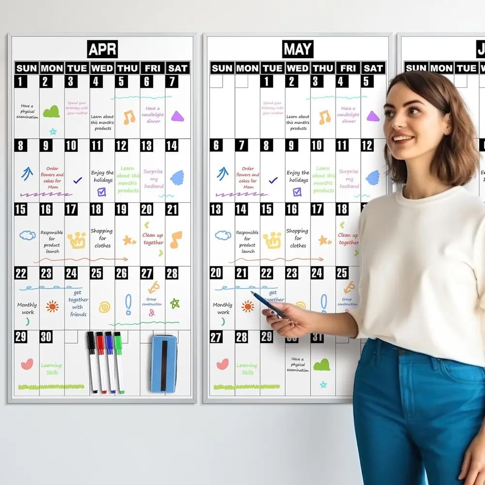 لوحة تقويم مغناطيسية للمسح الجاف مقاس 18 × 35 بوصة مع 3 ملصقات مغناطيسية و4 علامات وممحاة للمنزل والمدرسة والمكتب