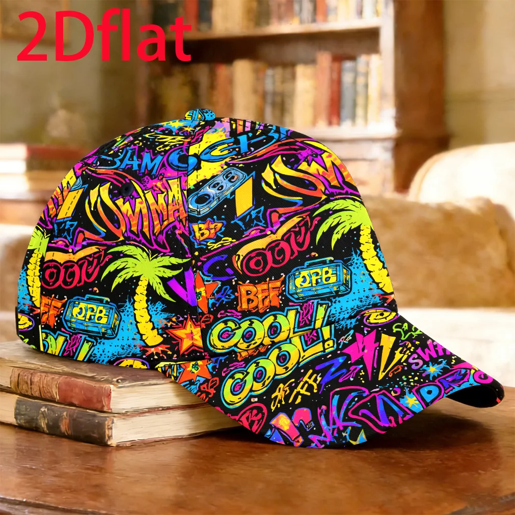 1pc 2D Flat Vintage Neon Street Graffiti Baseball Cap Fashion Dancing Fishing Trip Patterned Cap Full Print Pattern Graduation