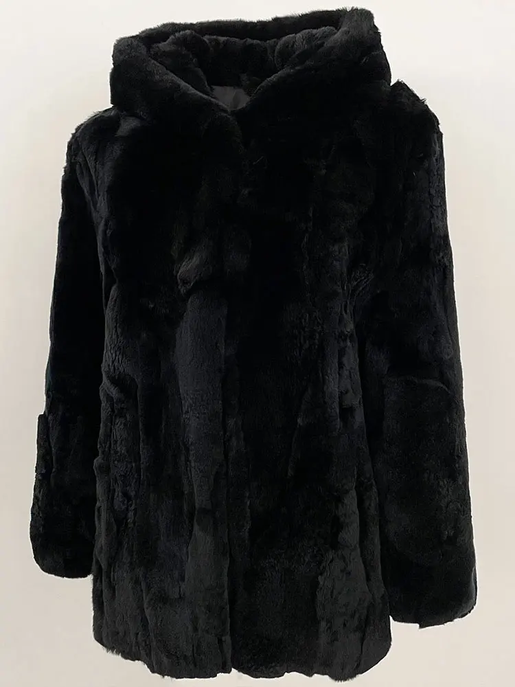 Women 2025 Winter Real Rabbit Fur Coat Natural Rabbit Fur Jacket Female Warm Hooded Solid Color Black Fur Jacket Women