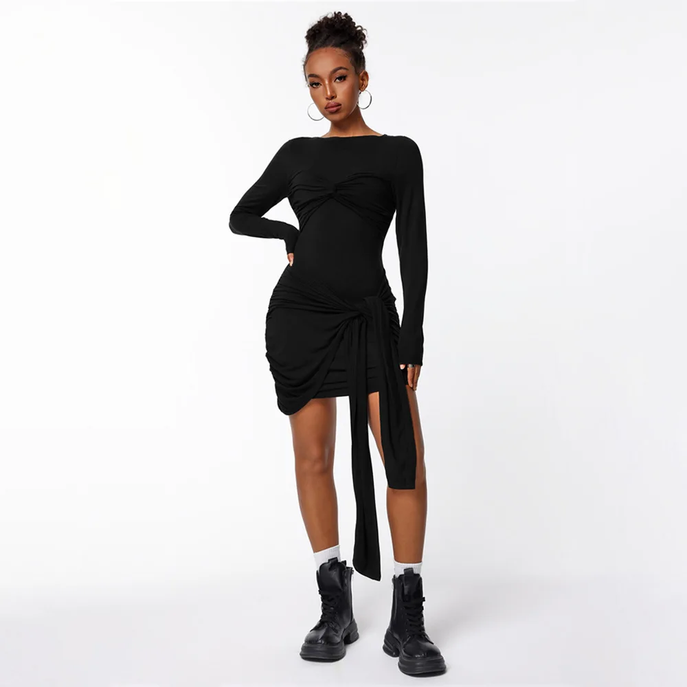 Women Unique Design Elegant Dress Autumn Winter New Pleated Waist Slim Fit Short Dress