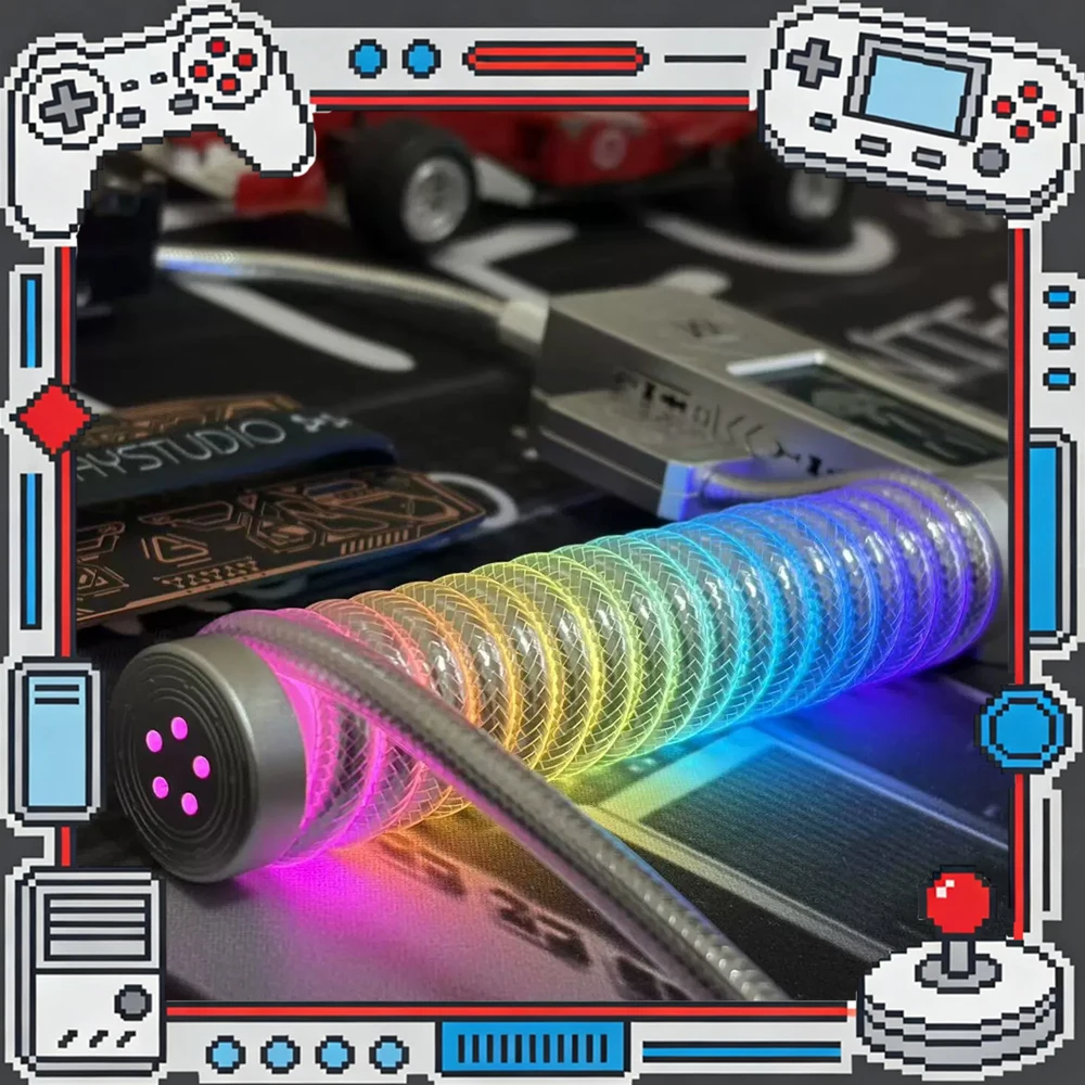 Winshop Magnetic Keyboard Coiled Neon Cable 8K RGB Three-Section Copper Aviation Plug with Screen 1 to 2 Gaming Accessories Gift