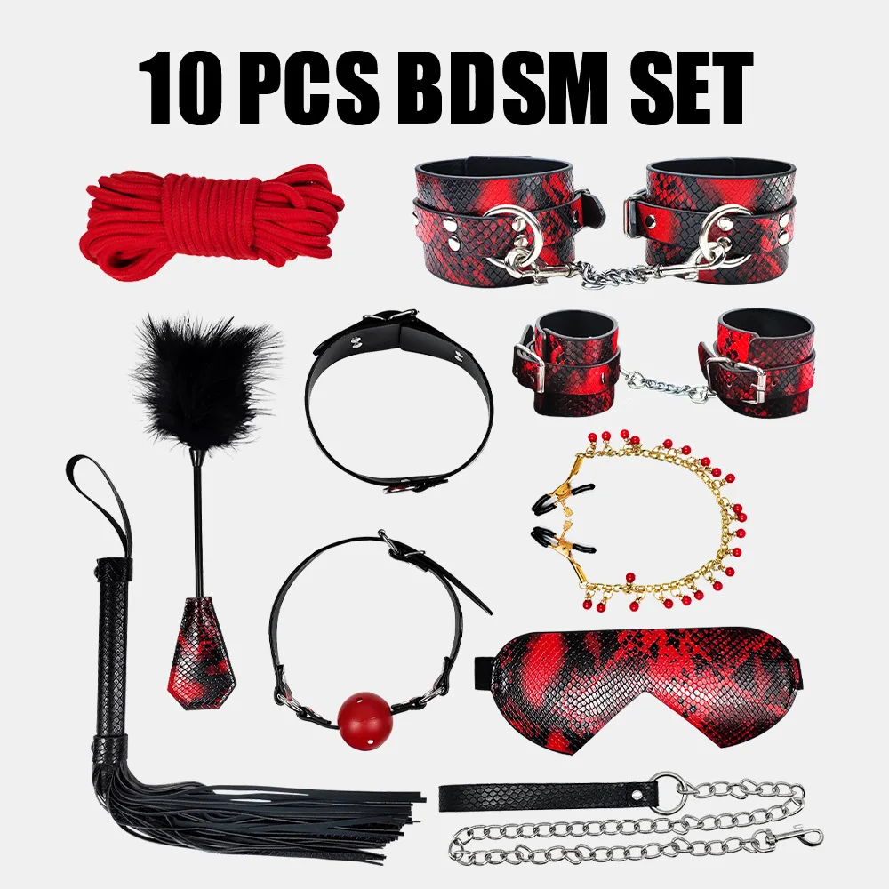 

10 Pcs Flirting Bondage Spanking Training Set PU Leather Handcuff Feet Cuff Whip Collar Eye Mask Tickle Pulling Rope Nipple Clip