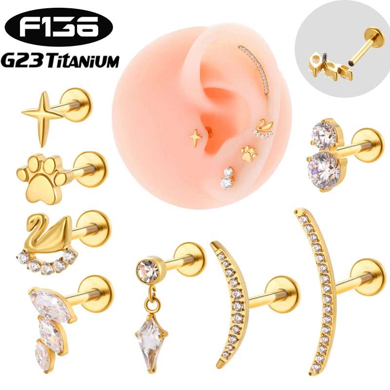 

1PC G23 Titanium Ear Stud Piercing Labret Internal Thread Helix Conch Cartilage Tragus Lip Stud Earrings CZ Piercing Jewelry 16G