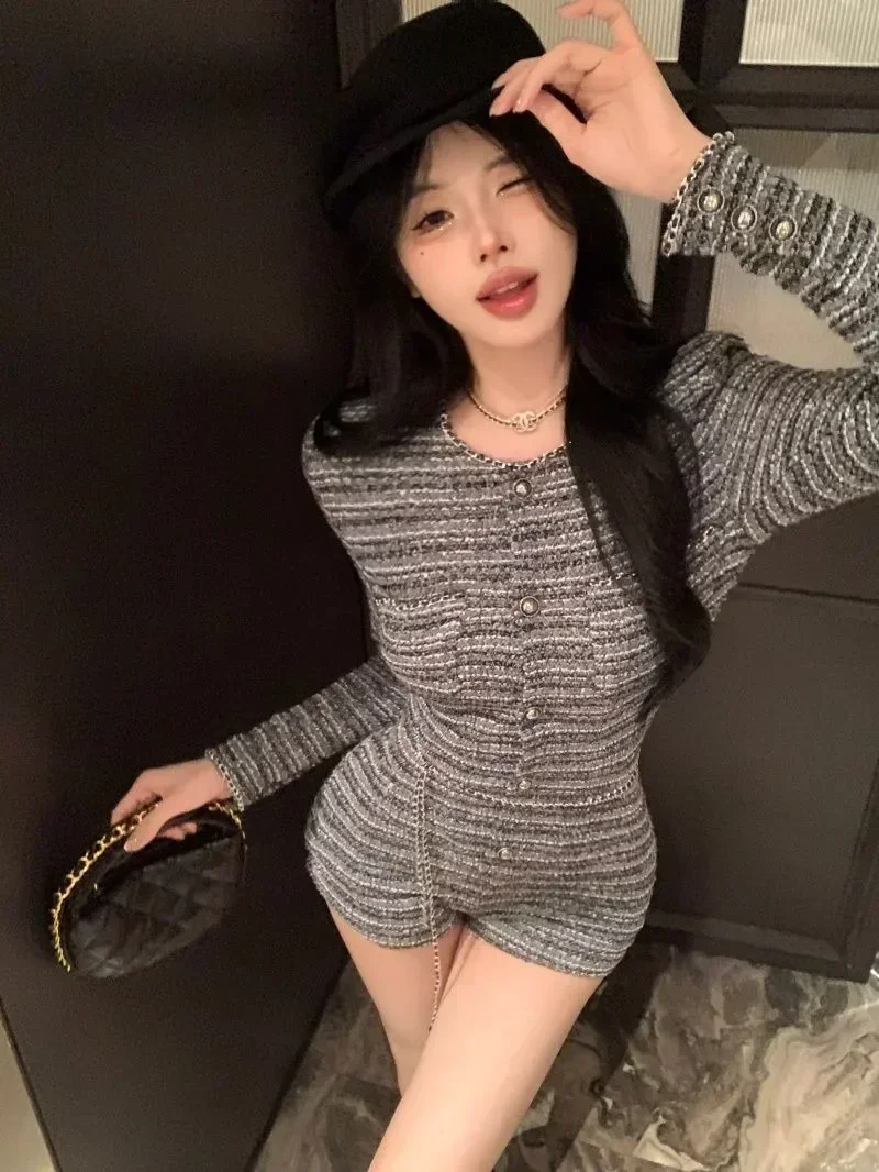 

Комбинезон с длинными рукавами во французском стиле, 2024, женская одежда, ранняя осень, повседневный дизайн, комбинезоны с высокой талией, шорты, женская одежда