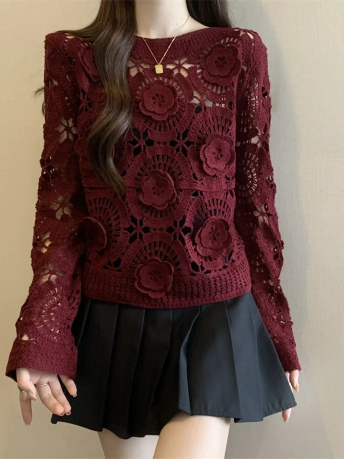 

Red Hollow out Long Sleeve Knitted Sweater Women's Early Spring 2026 plus Size Fat MM 3D Flower Top Outerwear Cover up