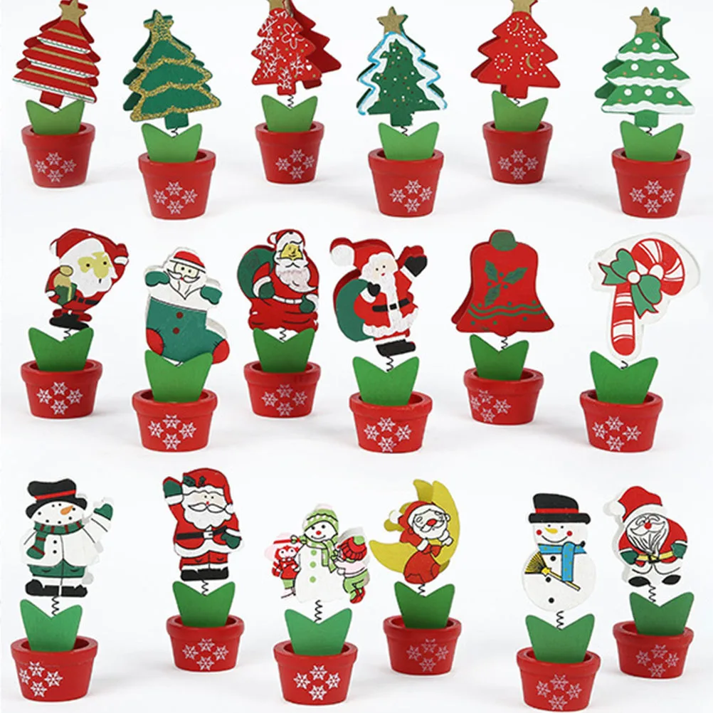 

6pcs Christmas Tree Ornaments Wooden Photo Clips For Cards Pictures Holders Desktop Decoration Potted Shaped Desk Decor Memo