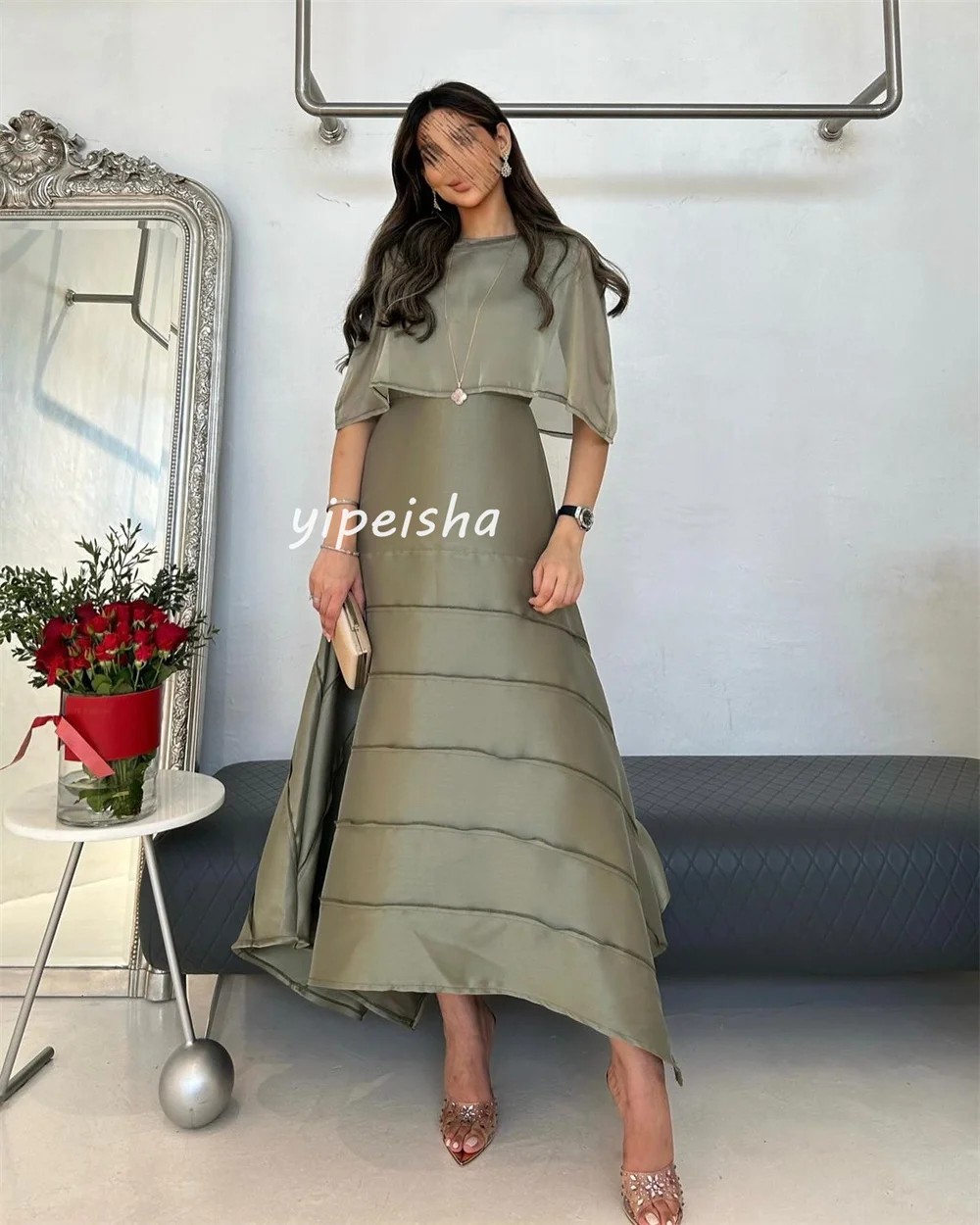 Customized Fashion Simple Pleat A-line High Collar Midi Dresses Evening Dresses Sizes Available High Quality Modern Style Matchi