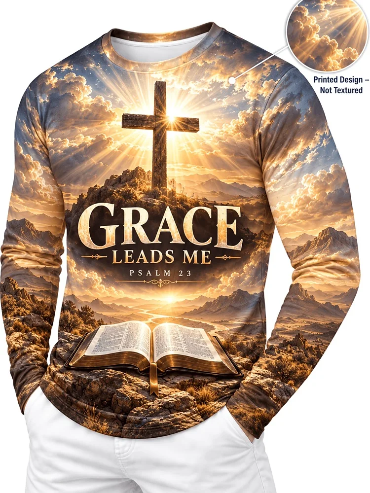 Men's Walk By Faith Long Sleeve T-Shirt 2 Corinthians 5:7 Christian Golden Cross Bible Clouds Graphic Pullover Tops Gift