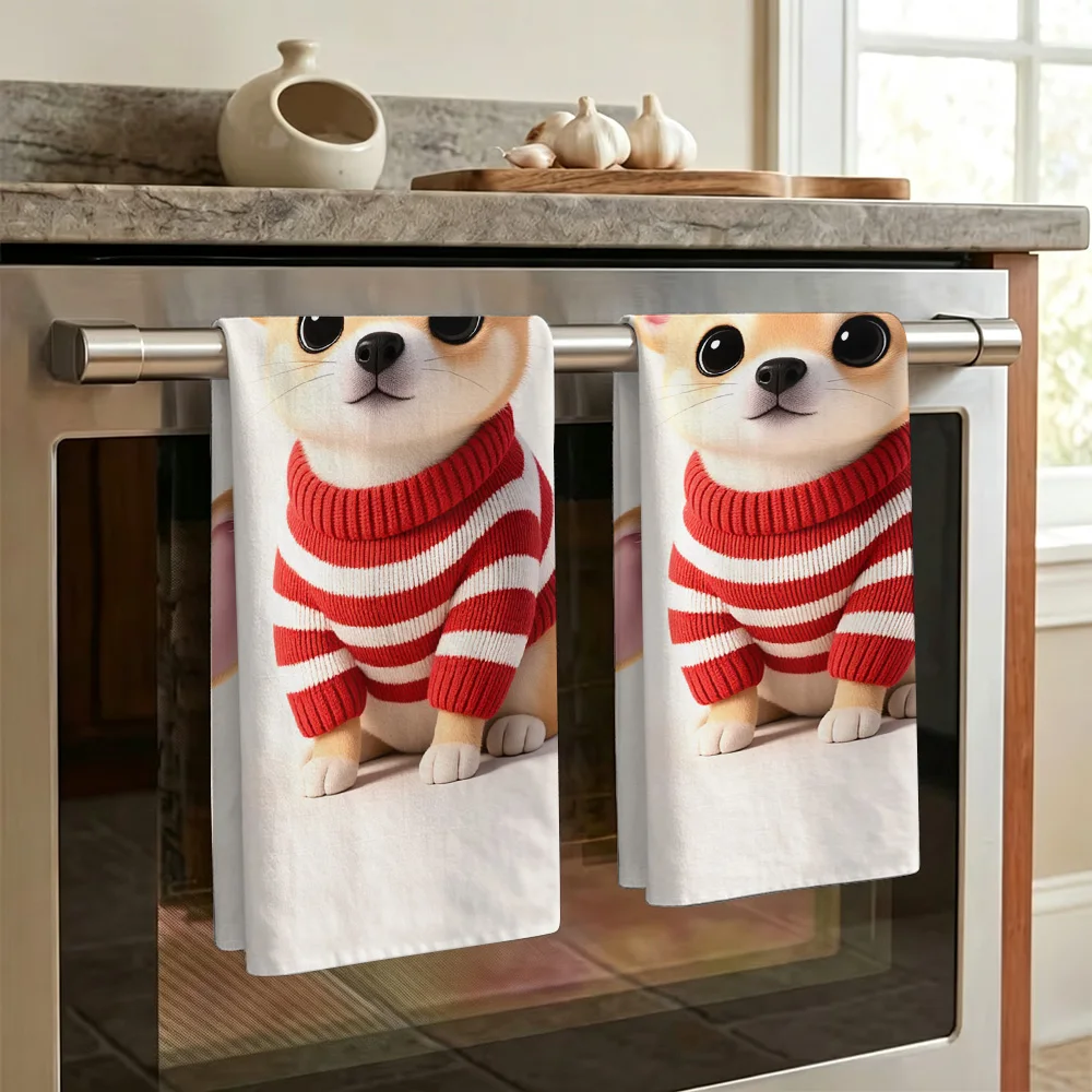 1pc/2pcs Cute Chihuahua Print Kitchen Towel-Super absorbent, reusable polyester dish cloths, perfect for home decor, cooking, ba