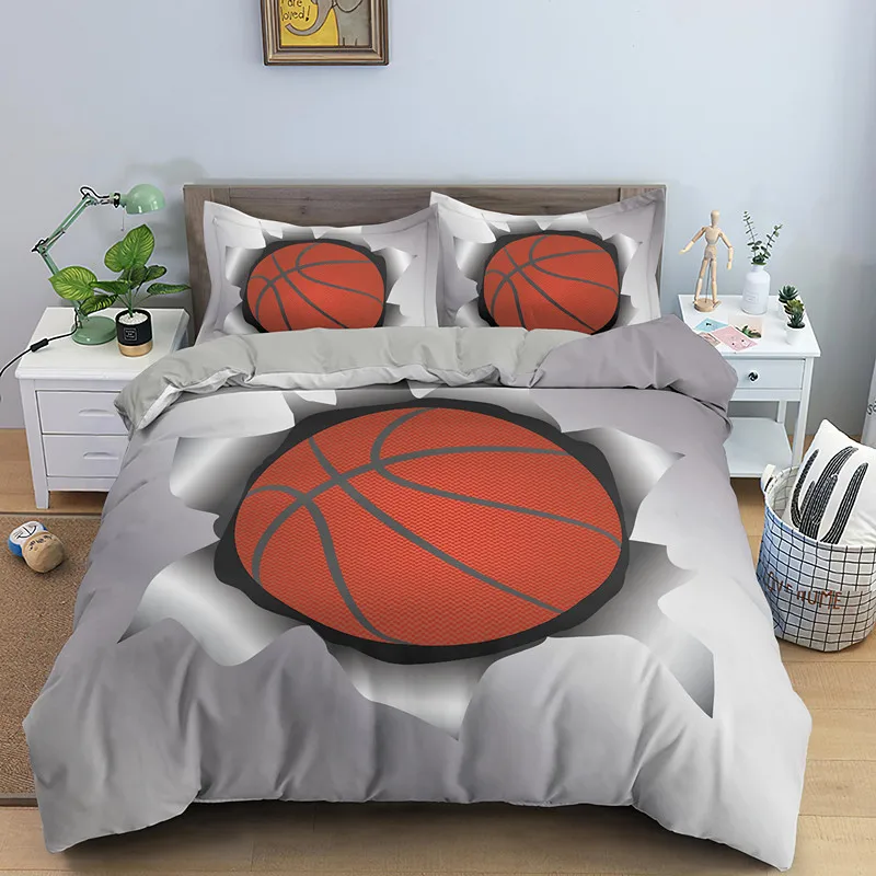 

Sports Balls Duvet Cover 3D Basketball In A Hole Bedding Set Twin For Boys Teens Room Microfiber Cool Basketball Comforter Cover