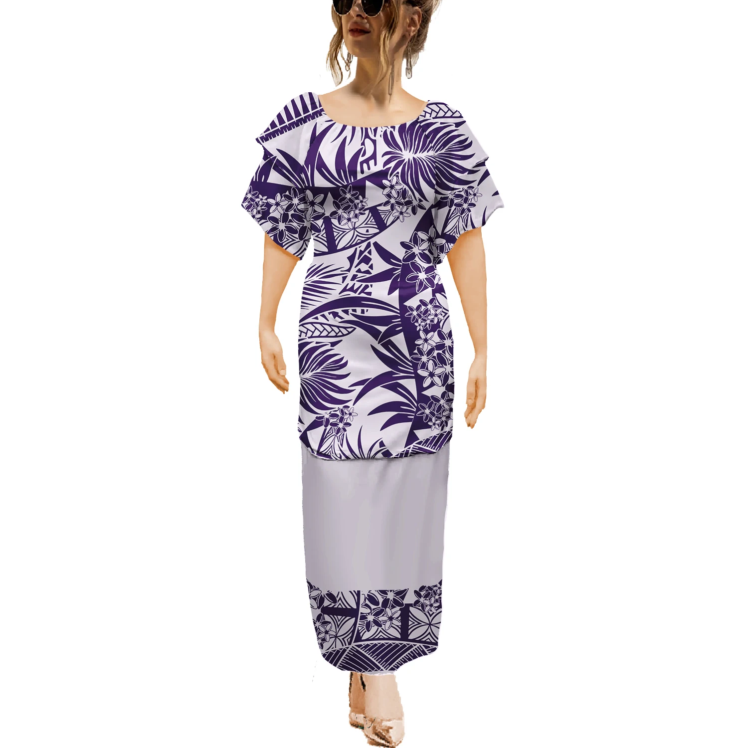 Tribal Hawaiian Samoan Two-piece Set Puletasi Elegant Dresses Island Short Sleeve Dress Polynesia Print On Demand