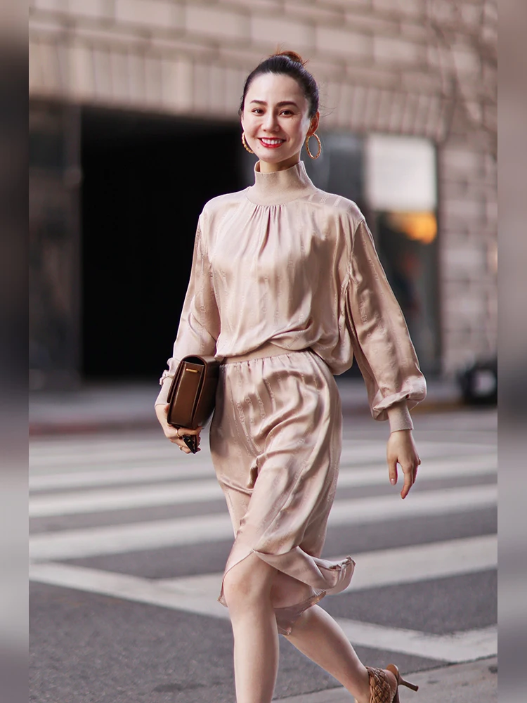 

WinnieTang Silk Set 100% Silk Chain Embroidery Bottom Shirt Elastic Waist Half Skirt Women's Spring Fashion Simple S...