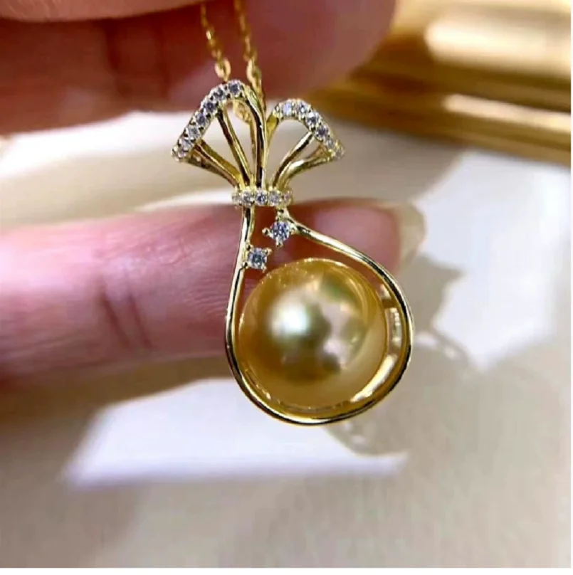 

18" Huge AAA 10-11mm Natural Golden South Sea Stud Pearl Pendant Necklace 925S