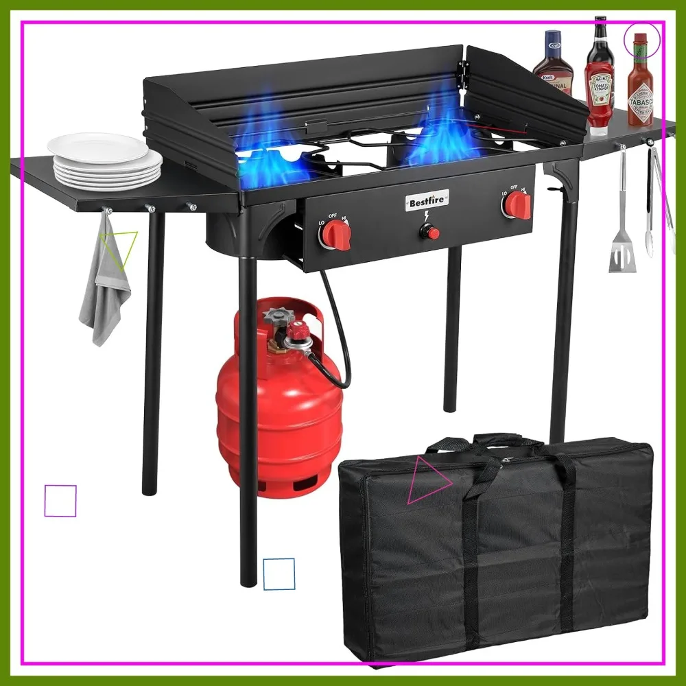 

Двухконфорочная походная плита с ветрозащитой, автоматическим поджигом, пропановая горелка 150 000 BTU для барбекю на открытом воздухе