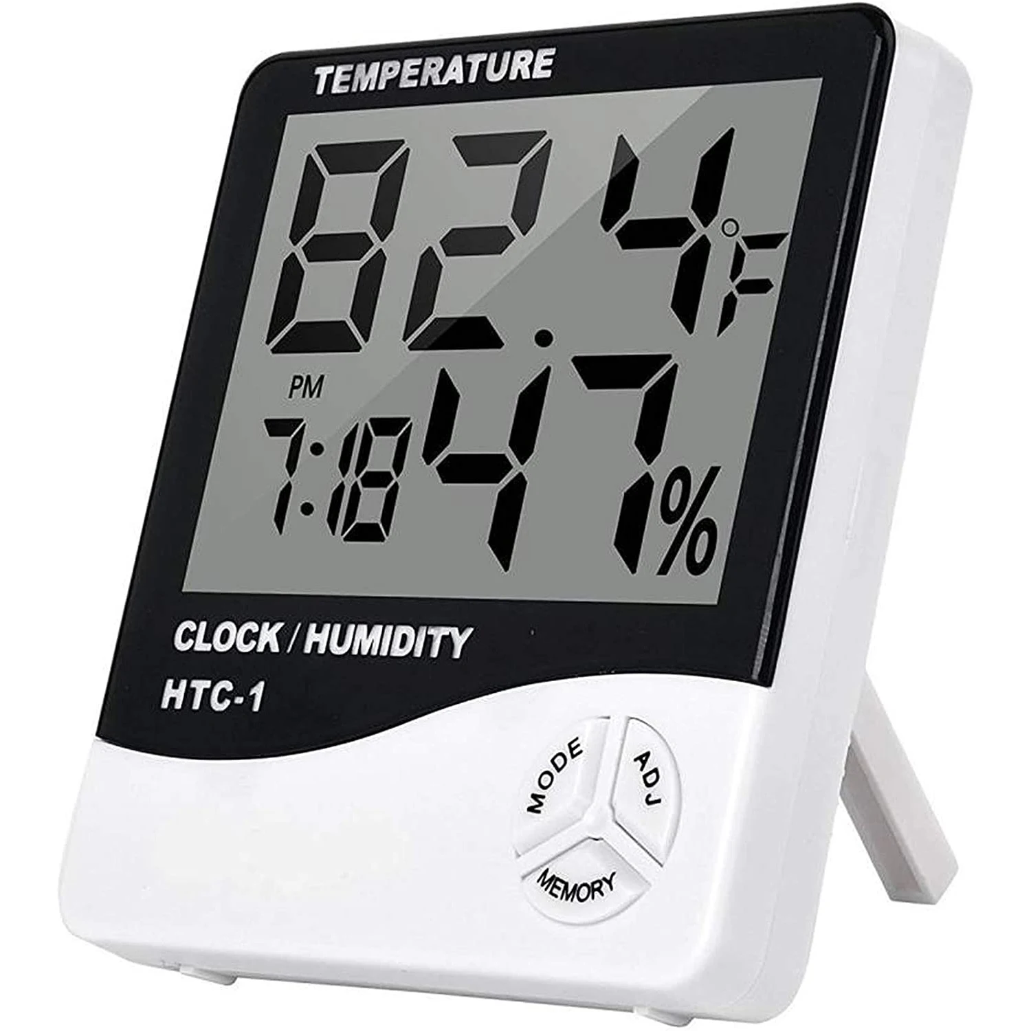 HTC-1 Digital Thermometer Hygrometer Clock Alarm/Alarm Calendar 5 Functions Large Screen Desktop Stand & Wall Mount White