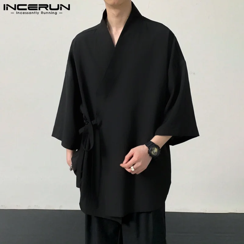 INCERUN Men Shirt Solid Color V Neck Half Sleeve Loose Lace Up Open Stitch Casual Cardigan Streetwear Kimono 2024 Retro Shirts