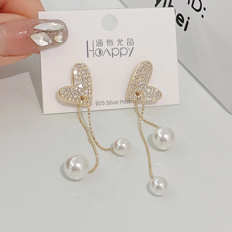 Fairy Korean Pearl Pendants Women's Earrings Crystal Heart Top Flexible Tassel Earrings for Girls Luxury Wedding Ear Jewelry