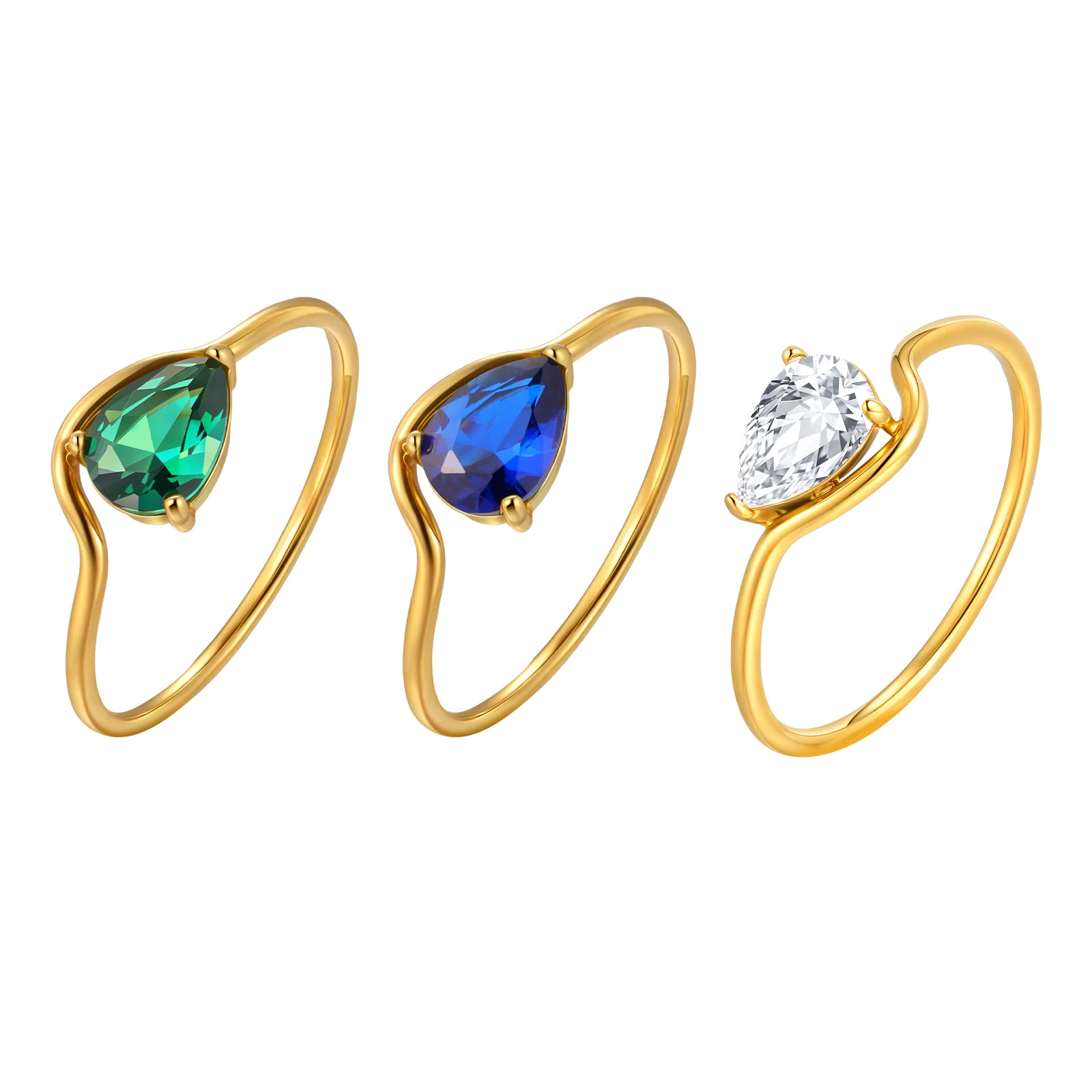 Vnox Green Water Drop CZ Gold Color Rings for Women, Stainless Steel Gold Plated Blue Stone Ring for Women Wedding Jewelry Gift