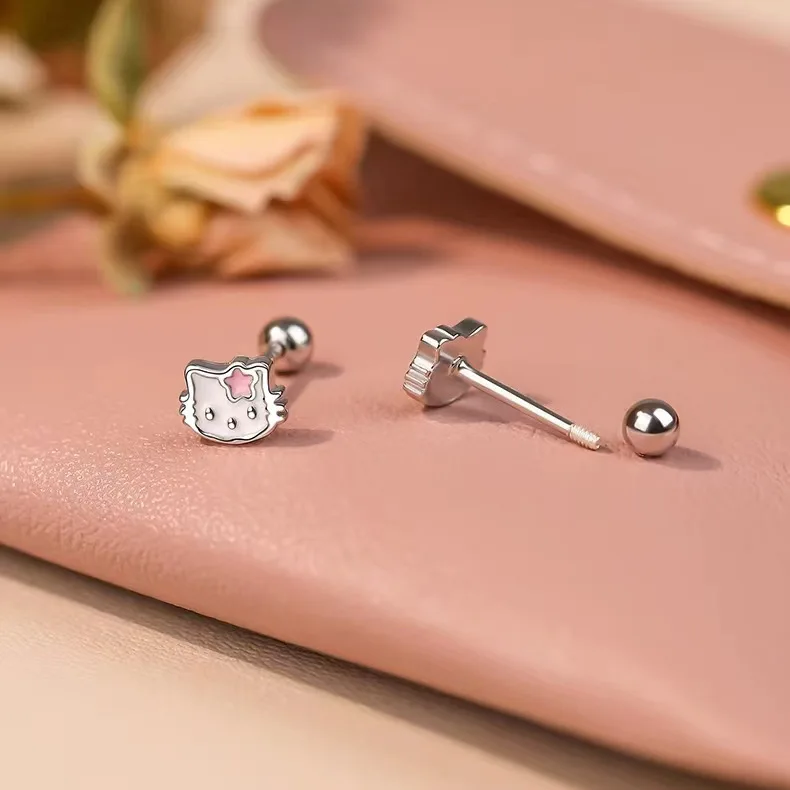 Fashion Cute Sanrio Hello Kitty Earrings for Women Kawaii Small 925 Sterling Silver Square Piercing Earrings Charm Jewelry Gift