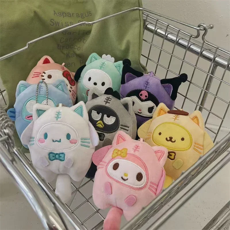 Kawaii Kuromi Cinnamoroll Cross-dressing Cat Doll Keychain My Melody Anime Cartoon Backpack Cute Mini Pendant Children Plush Toy