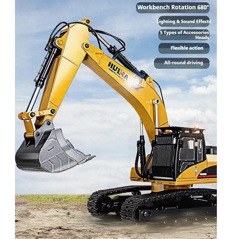 Huina 1580 RC Excavator 1/14 Scale 32‑Channel All‑Metal Remote Control Digger Replaceable Attachments RC Construction Vehicle