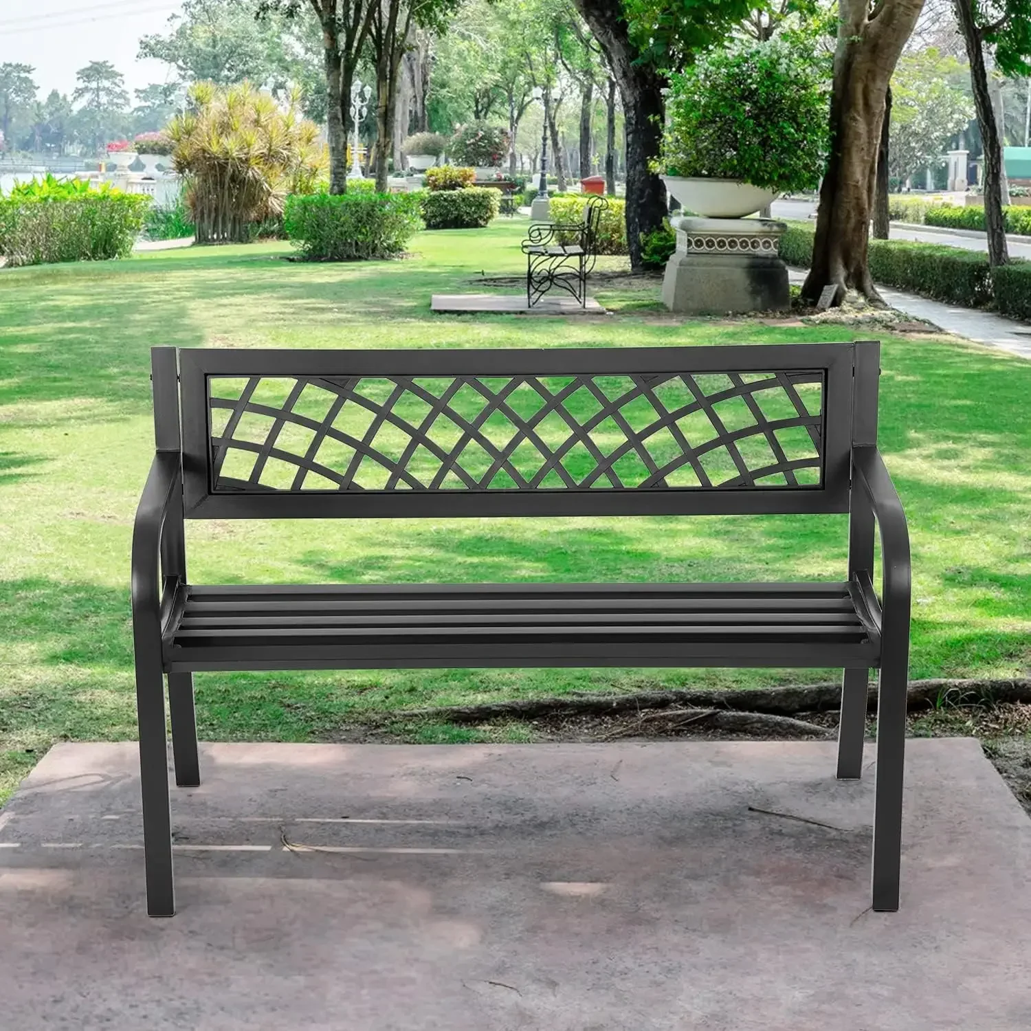 Bench,Outdoor Benches,Iron Steel Frame Patio Bench with Mesh Pattern and Plastic Backrest Armrests for Lawn Yard Porch