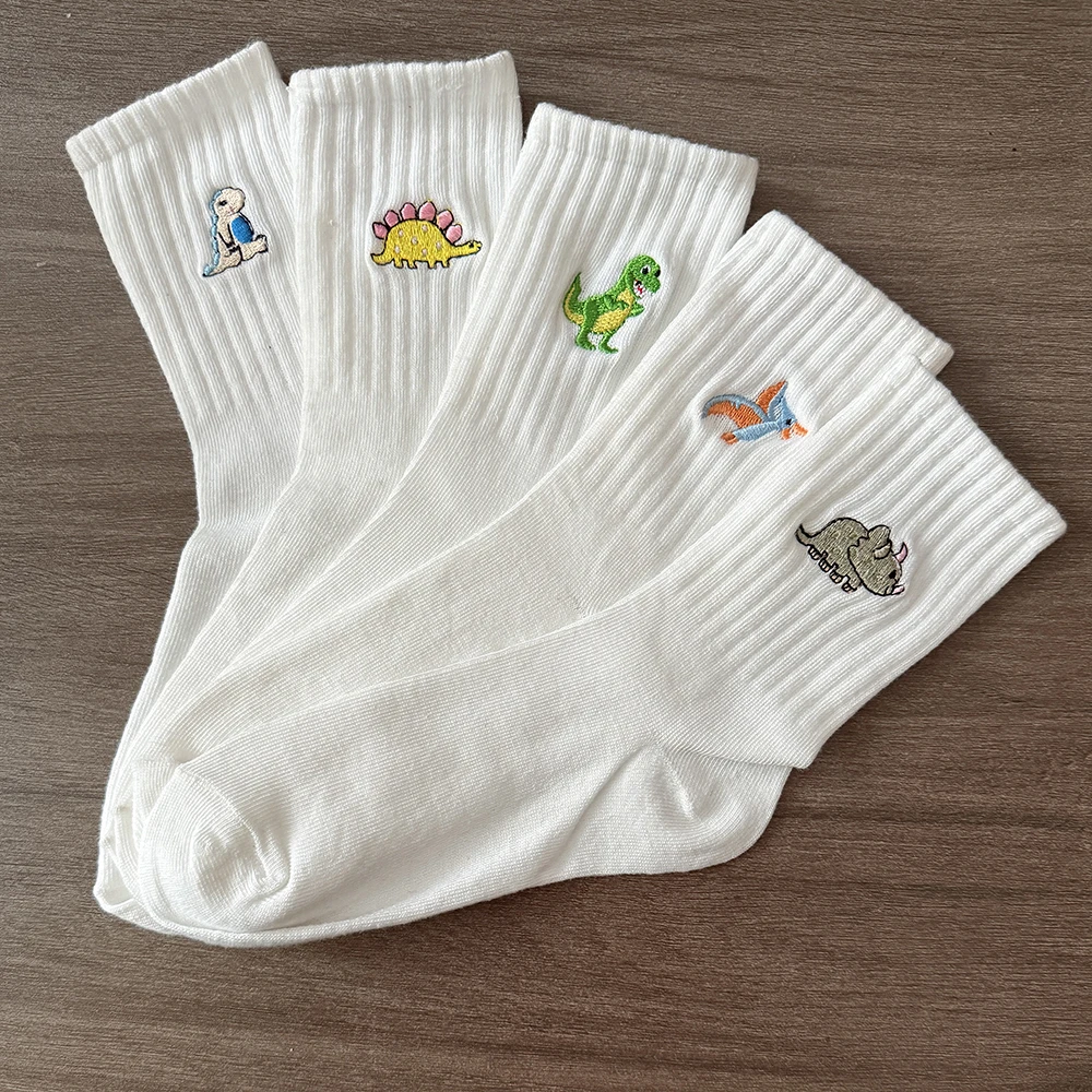 5 Pairs/Pack Cute Women Embroidery Dinosaur Socks White Lovely Cartoon Animal Vintage Shortnovelty Crazy Funny Cozy Socks image 6