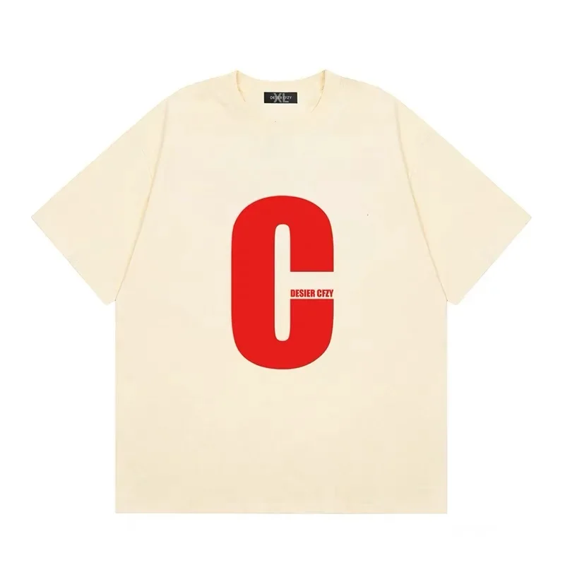 DESIER CFZY Trendy Large C Letter Print Short Sleeve T-Shirt Unisex Loose Fit Streetwear Hip Hop Top Tee