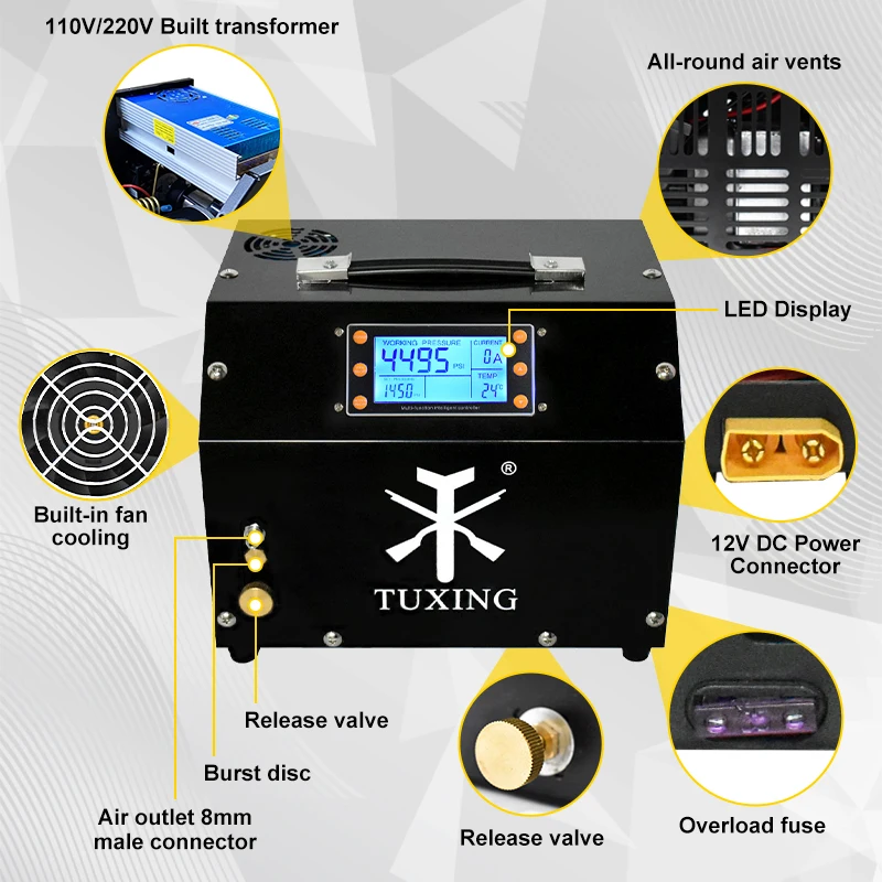 TUXING 4500Psi 300Bar PCP Air Compressor with LCD Display Digital Control Compressor Auto-Stop 12V Power Adapter for PCP Tank