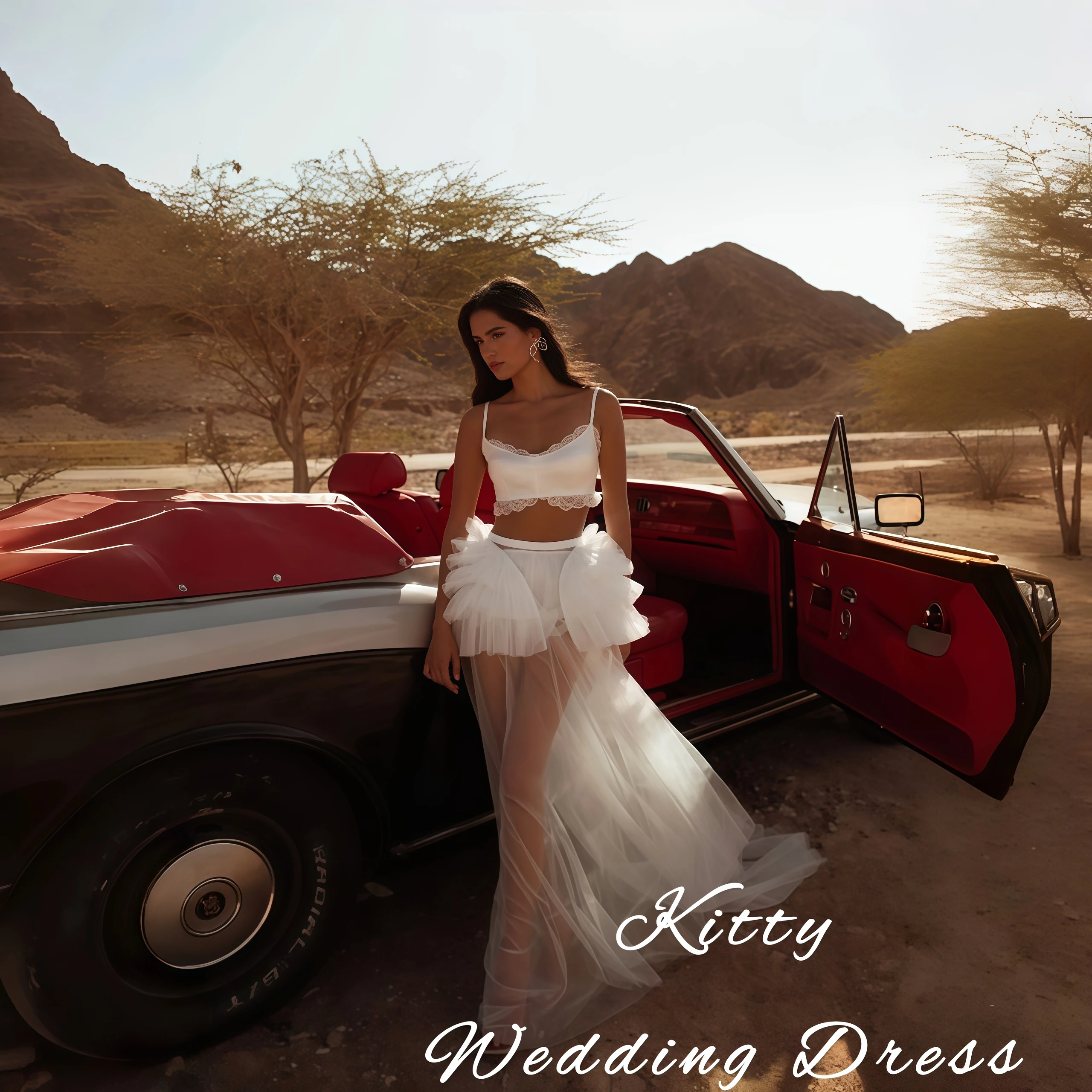 

Kitty Customized Two-Piece Wedding Dress Spaghetti Strap Lace Crop Top Ruffle Tulle Skirt High Slit Sheer Train Bridal Gowns