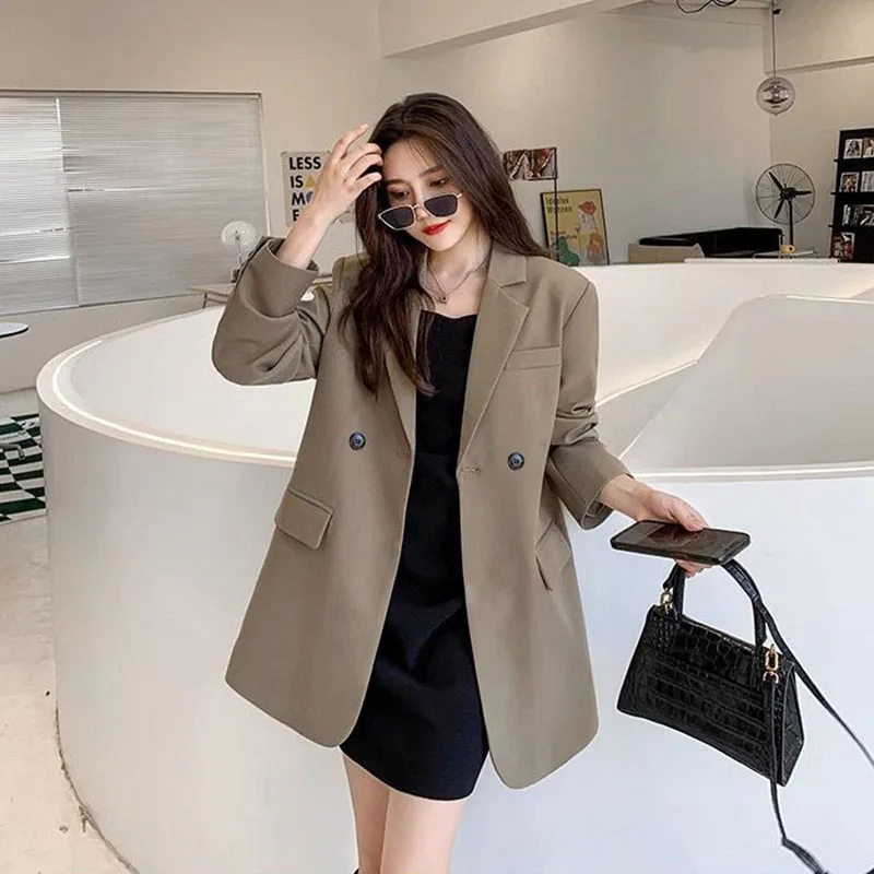 Lucyever jaket Blazer lengan panjang wanita, Blazer kantor bagian belakang modis gaya Korea warna Khaki