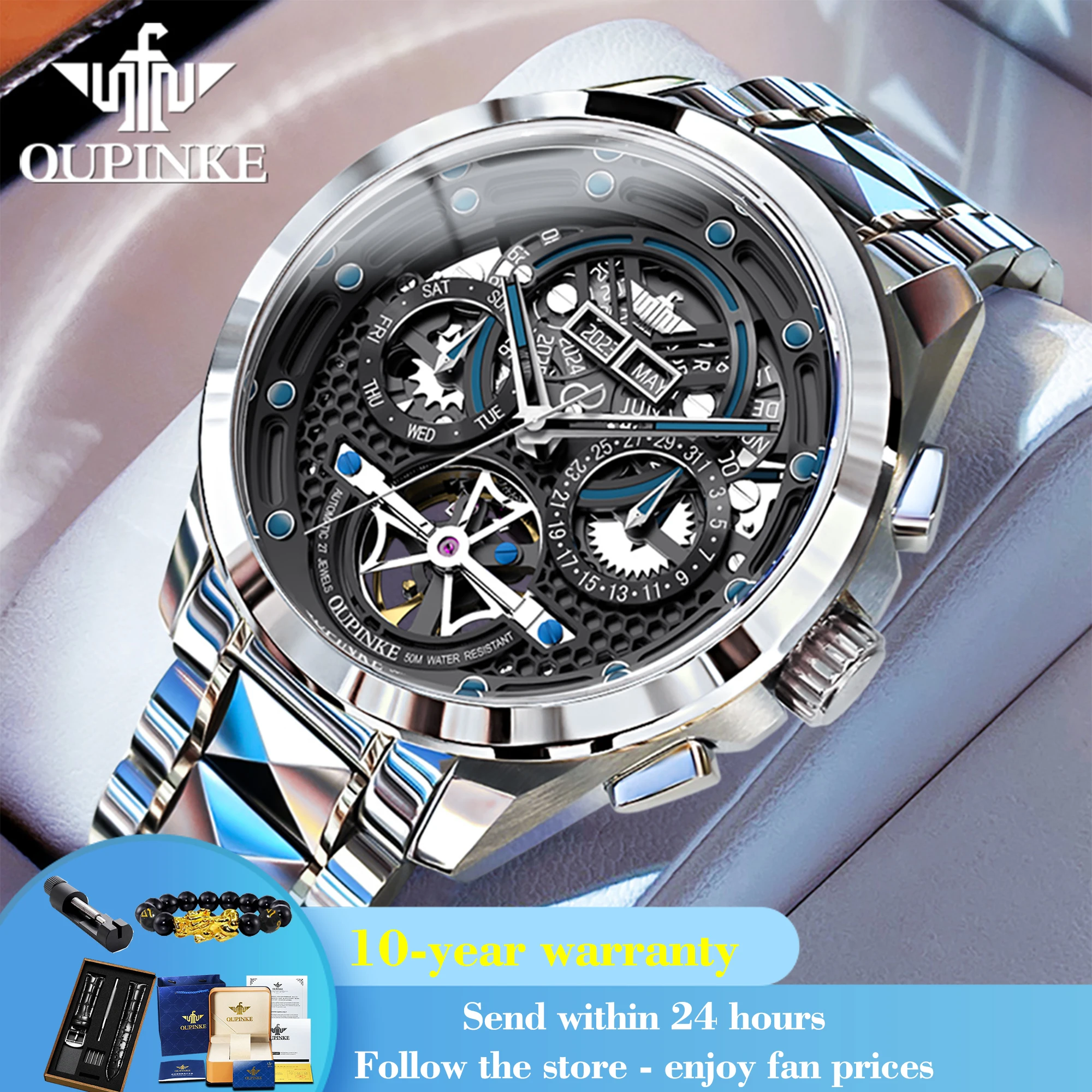 OUPINKE 3249 Top Brand Original Mechanical Watch For Men Hollow Skeleton Synthetic Sapphire Mirror Wristwatch Waterproof Watches