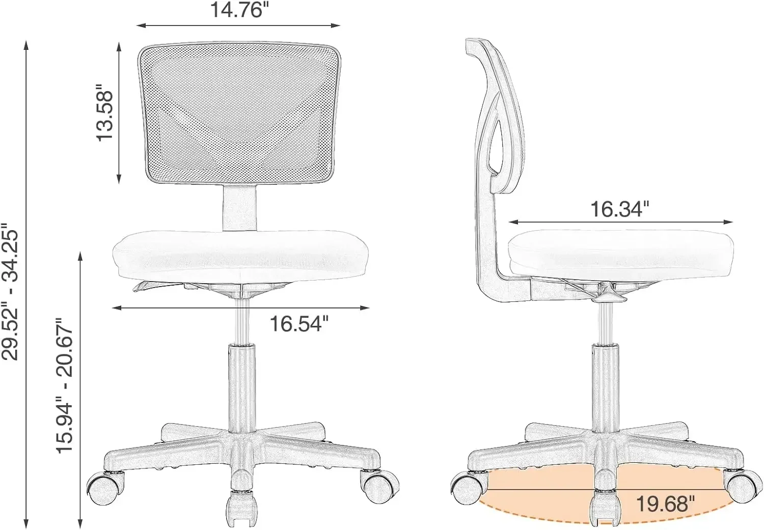 Armless Desk Chairs, Ergonomic Low Back Computer Chair No Arms, Adjustable Rolling Mesh Task Work Swivel Chairs