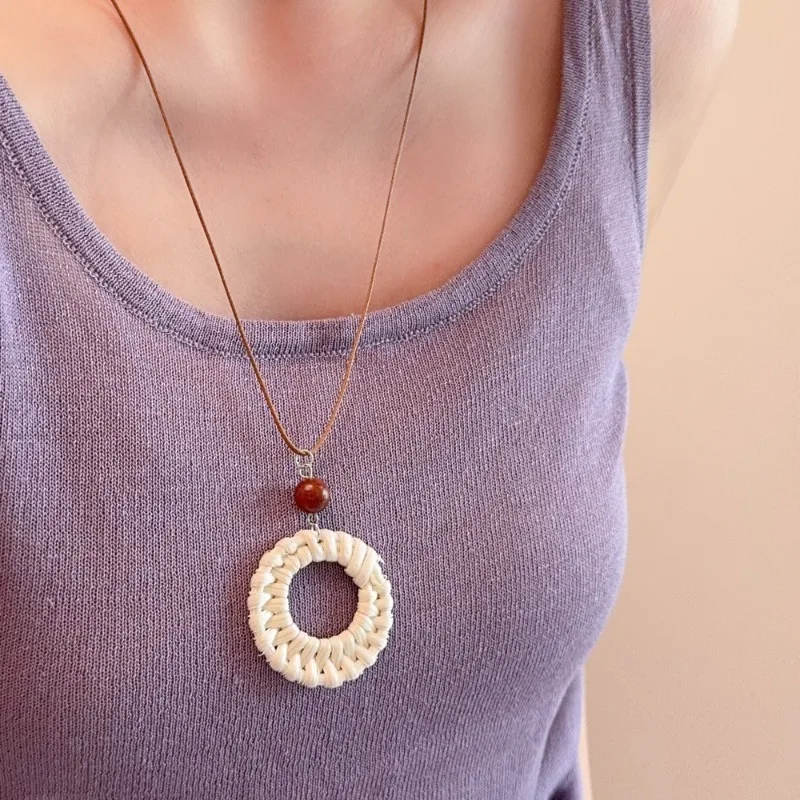 Bohemian Rattan Teardrop Pendant Necklace with Wood Beads