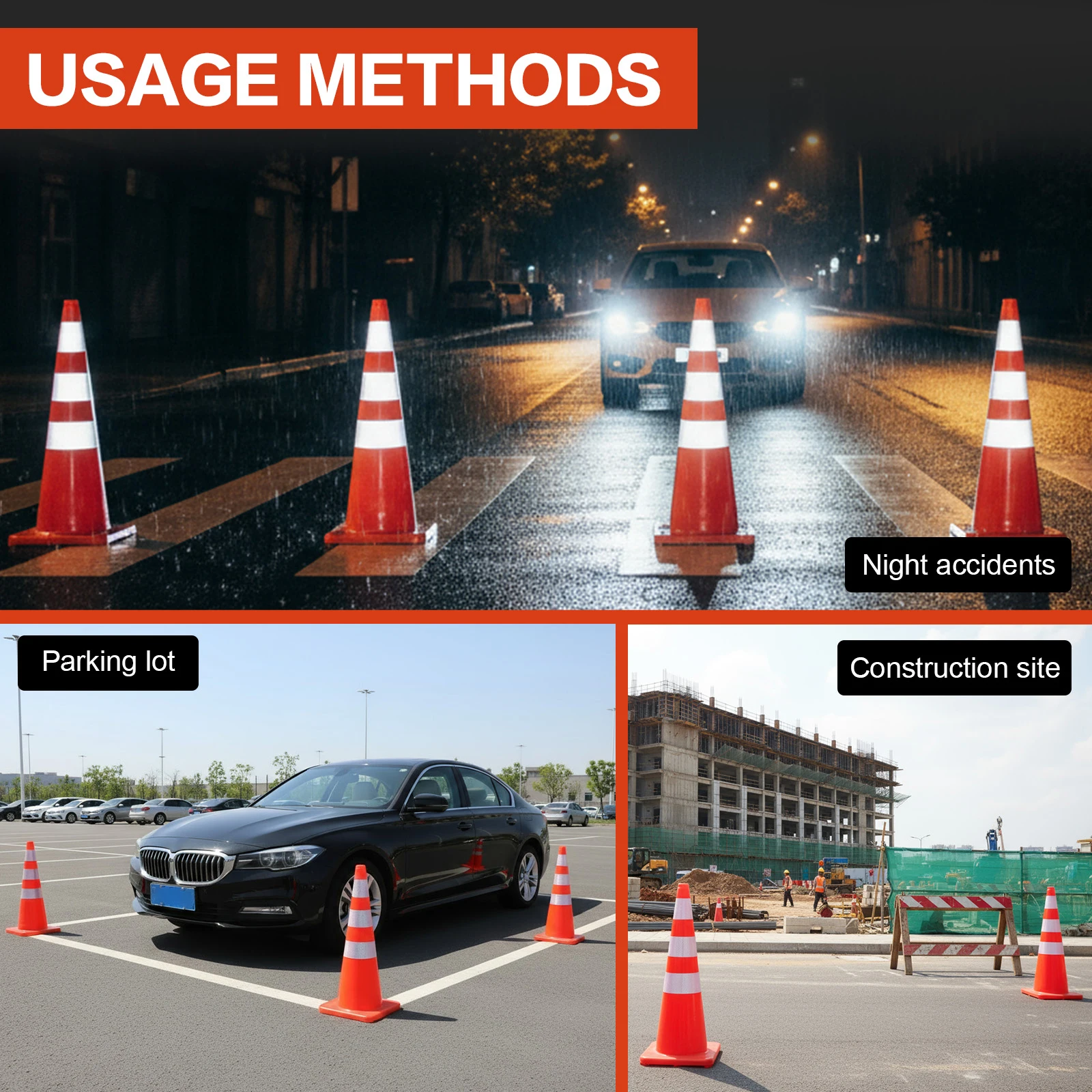 35 Inch 6 Pack Traffic Safety Cones with Reflective Collars Orange Cones PVC Construction Cones for Parking Lot Driving Training