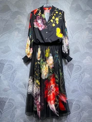 SEQINYY Elegant Black Suit Summer Spring New Fashion Design Women Runway Shirt + Chiffon Long Skirt Vintage Flower Print