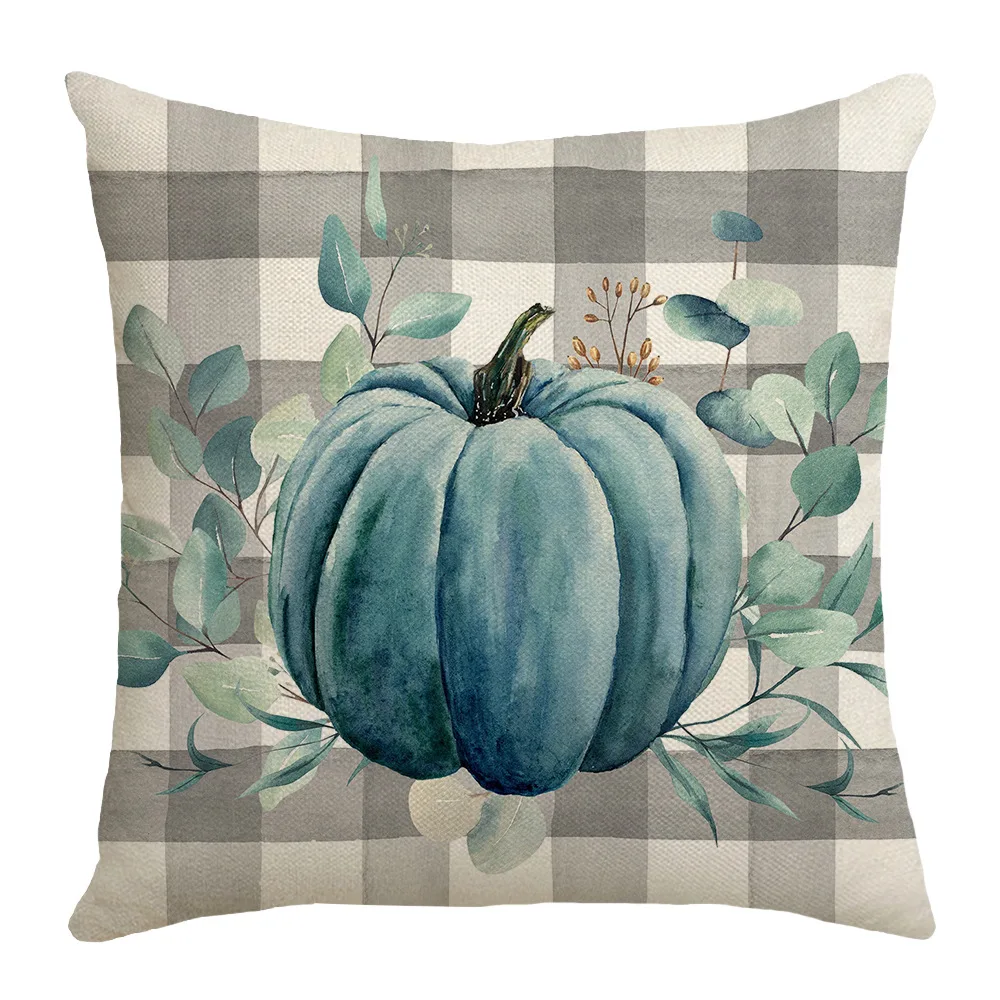 Give Thanks Harvest Pumpkin Plaid Pillow Cover Linen Blue Pillowcase Cushion Covers For Sofa Office Bedroom Decor Festive Goods