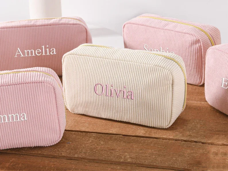 Personalized Embroidered Cosmetic Bag, Custom Corduroy Makeup Bag, Monogram Toiletry Makeup Bag, Bachelorette Bridesmaid Gifts