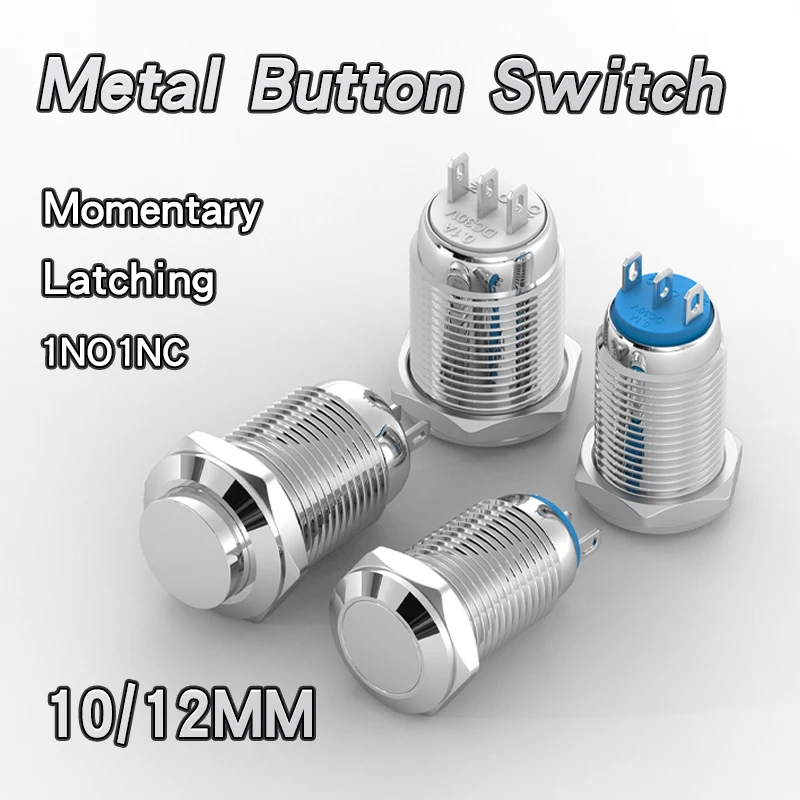 10MM/12MM Metal Push Button Switch 3Pins 1NO1NC No Light Waterproof Flat Head High Head Momentary Latching Mini Key
