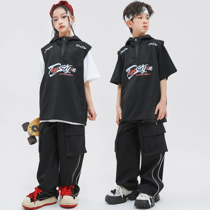 Kids Hip Hop Clothing Streetwear Outfits Crop Tank Tops Casual Patch Cargo Pants for Girls Jazz Dance Costumes Stagewear Clothes