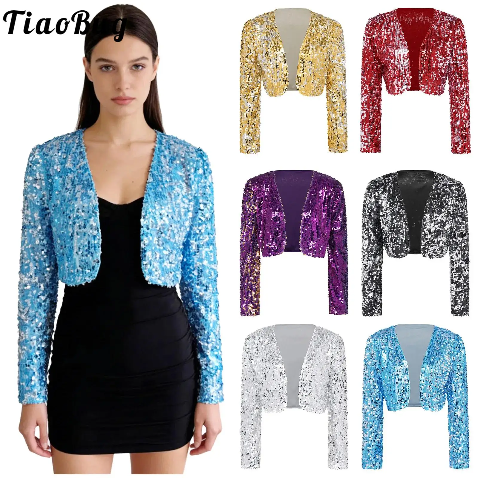 Women Glittery 70s Disco Allover Sequins Jazz Dance Cardigan Tops Open Front Long Sleeve Crop Jacket Outerwear for Club Party
