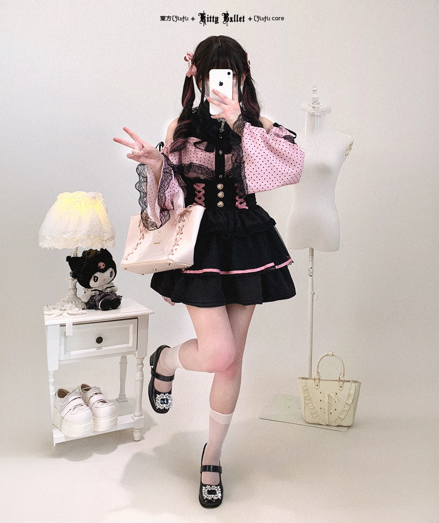 Style japonais automne doux Kawaii hors de l'épaule dentelle revers à manches longues dessus de chemise femmes Lolita nœud à pois Blouse fille