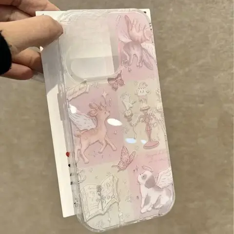 Cute Cartoon Spliced Deer Dog Laser Siver Case for IPhone 17 16 15 14 13 12 11 Pro Max X XS XR 7 8 16 Plus Tinfoil Pattern Cover