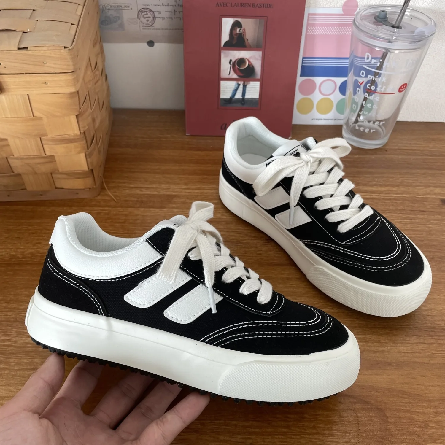 New casual stripes canvas shoes woman thick-soled sneakers college girls laced up trainers women's harajuku durable gym shoes